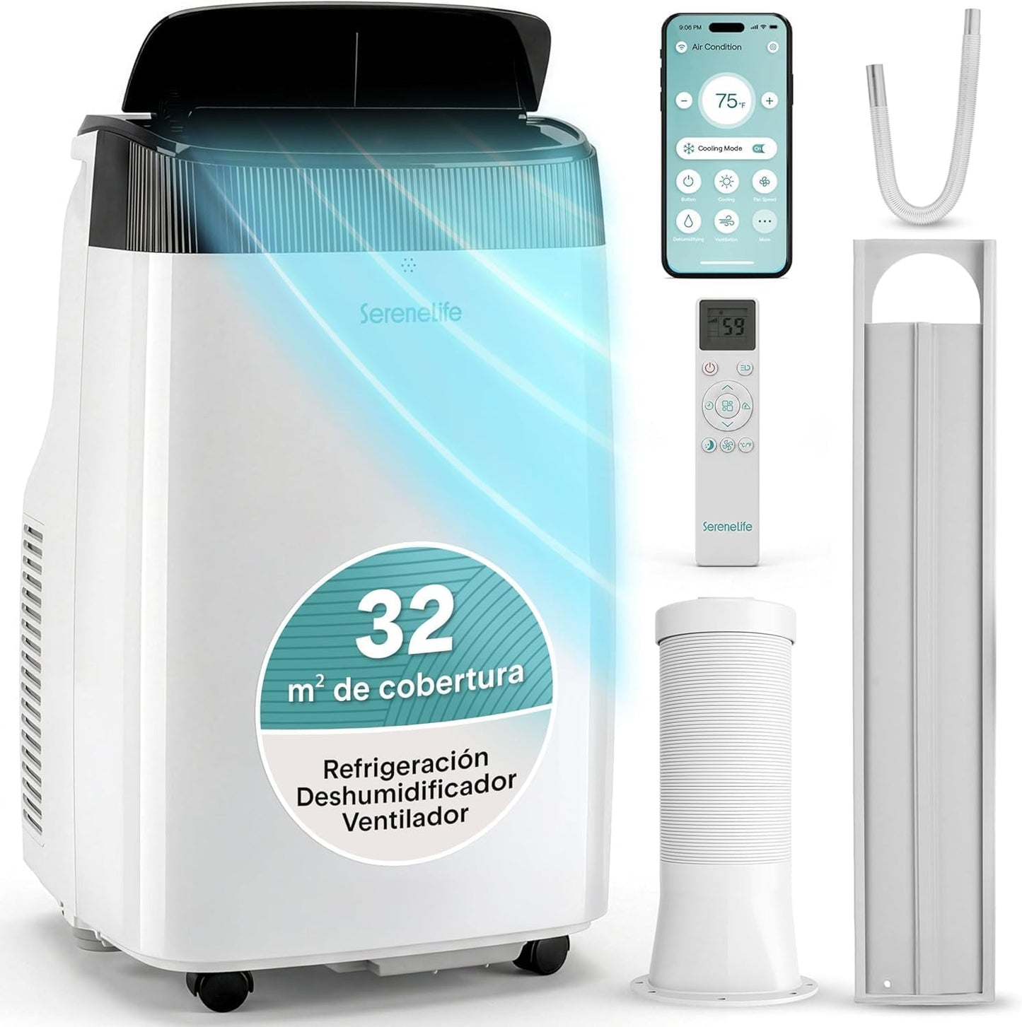 SereneLife Climatiseur portable 14 000 BTU avec WiFi, climatiseur 3 en 1 froid, déshumidificateur et ventilateur, contrôle par application, silencieux avec kit de fenêtre