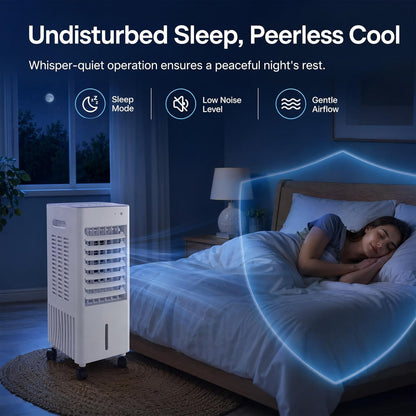 Rafraîchisseur d'air Silencieux pour Chambre, Climatiseur Mobile 4-en-1, Réservoir 12L, 2 Pains de Glace, Mode Nuit, Humidificateur d'air, Ventilateur Colonne avec Refroidissement