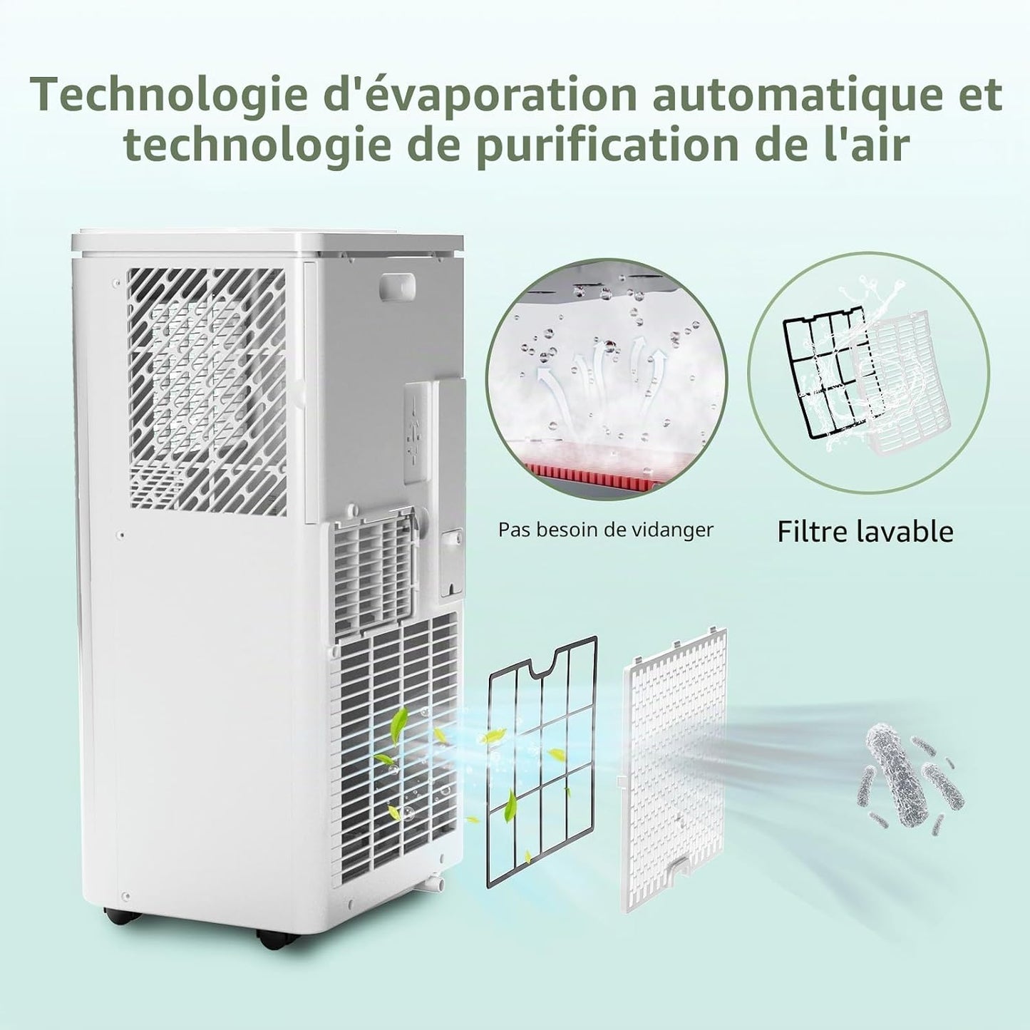 Climatiseur portable 10 000 BTU – Refroidit les pièces de 41,8 m² (450 pi²), climatisation 3 en 1 avec déshumidificateur, minuterie et télécommande, comprend un kit de fenêtre