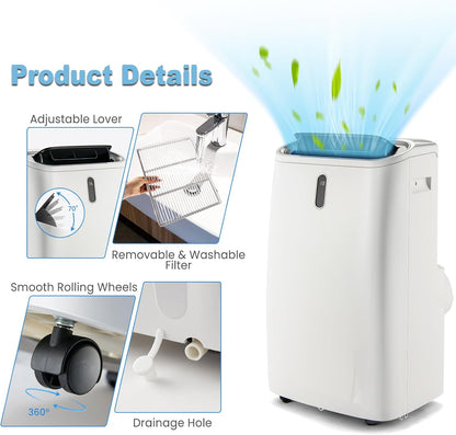 KOMFOTTEU Climatiseur Mobile Silencieux, 14000BTU, Minuterie & Télécommande | Climatiseur Mobile avec Évacuation, 4 Modes, 3 Vitesses, 5 en 1 Rafraichisseur d'Air, Pour Pièces de 40㎡, WIFI, Contrôle APP