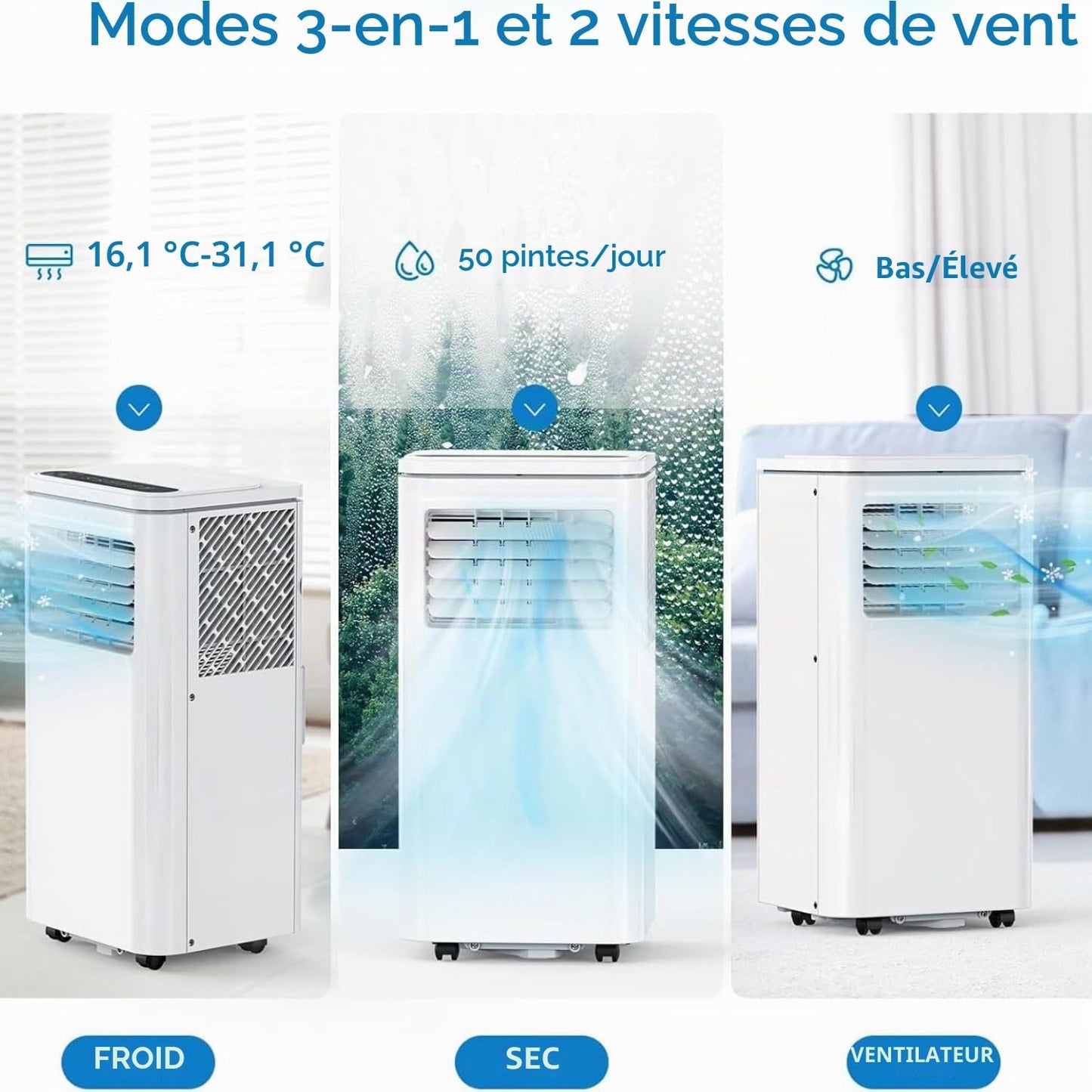 Climatiseur portable AC silencieux refroidit jusqu'à 350 m². Unité de climatisation portable avec ventilateur et déshumidificateur, télécommande, minuterie 24H, kit d'installation complet pour fenêtre