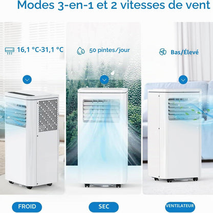 Climatiseur portable AC silencieux refroidit jusqu'à 350 m². Unité de climatisation portable avec ventilateur et déshumidificateur, télécommande, minuterie 24H, kit d'installation complet pour fenêtre
