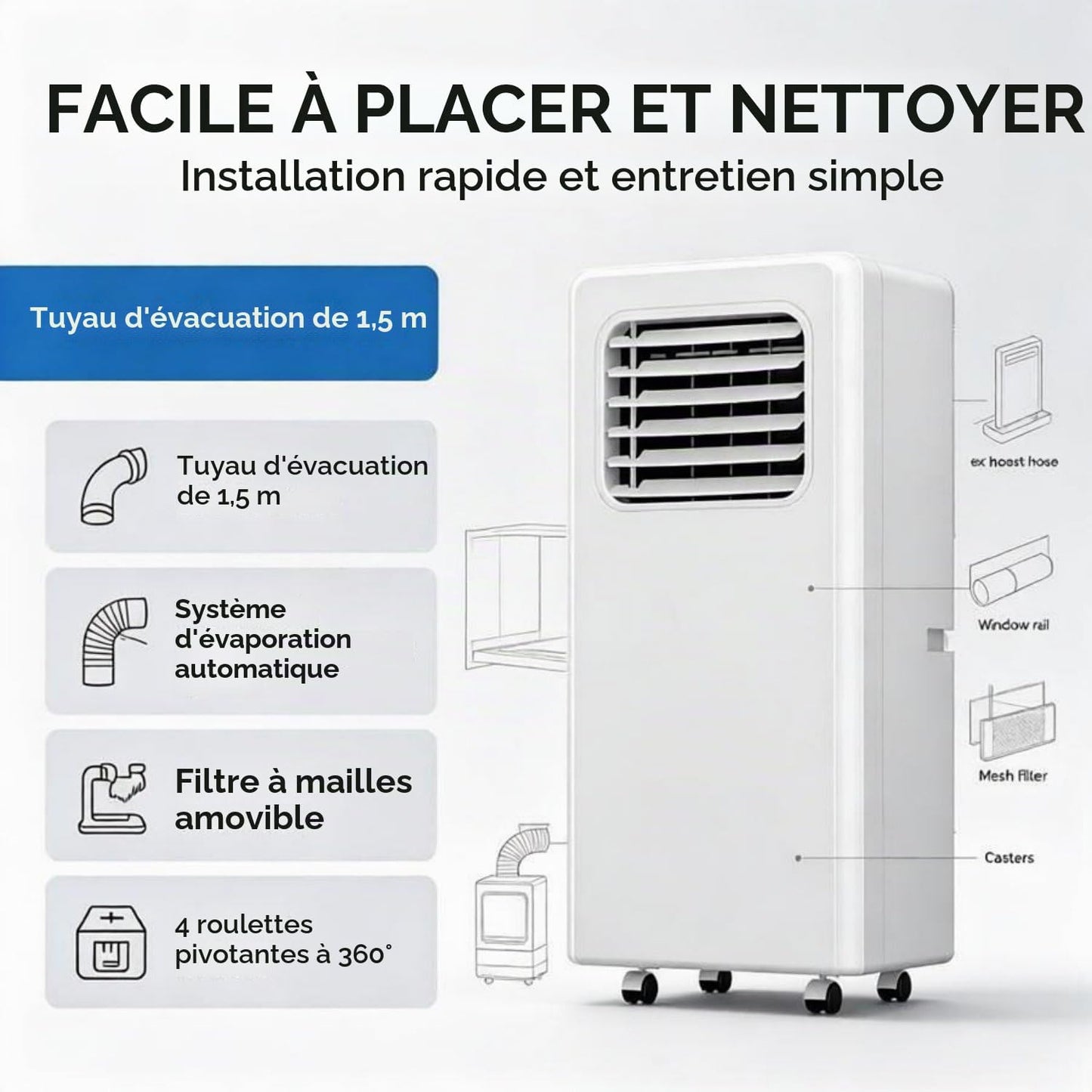 Climatiseur Portable, unité de climatisation puissante 18000BTU | Climatiseur sur pied haute performance ; refroidit jusqu'à 51 m² ; climatiseur portable pour salon et salle de sport.