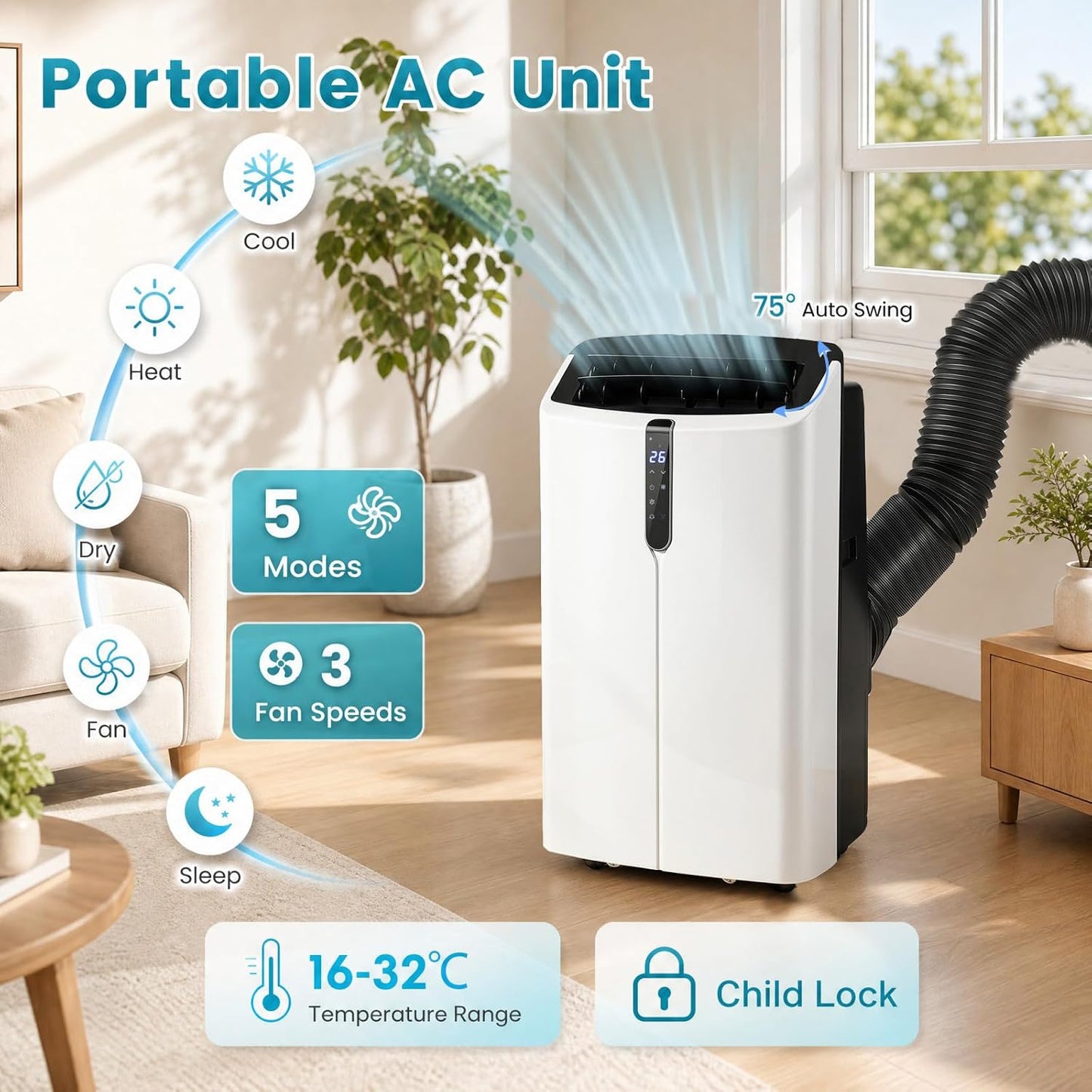 LIFEZEAL Climatiseur Mobile, Climatiseur Portable avec Fonctions Refroidissement, Chauffage, Déshumidification et Ventilation, Télécommande/Wi-Fi, Minuterie 24H (Style4-12000 BTU)
