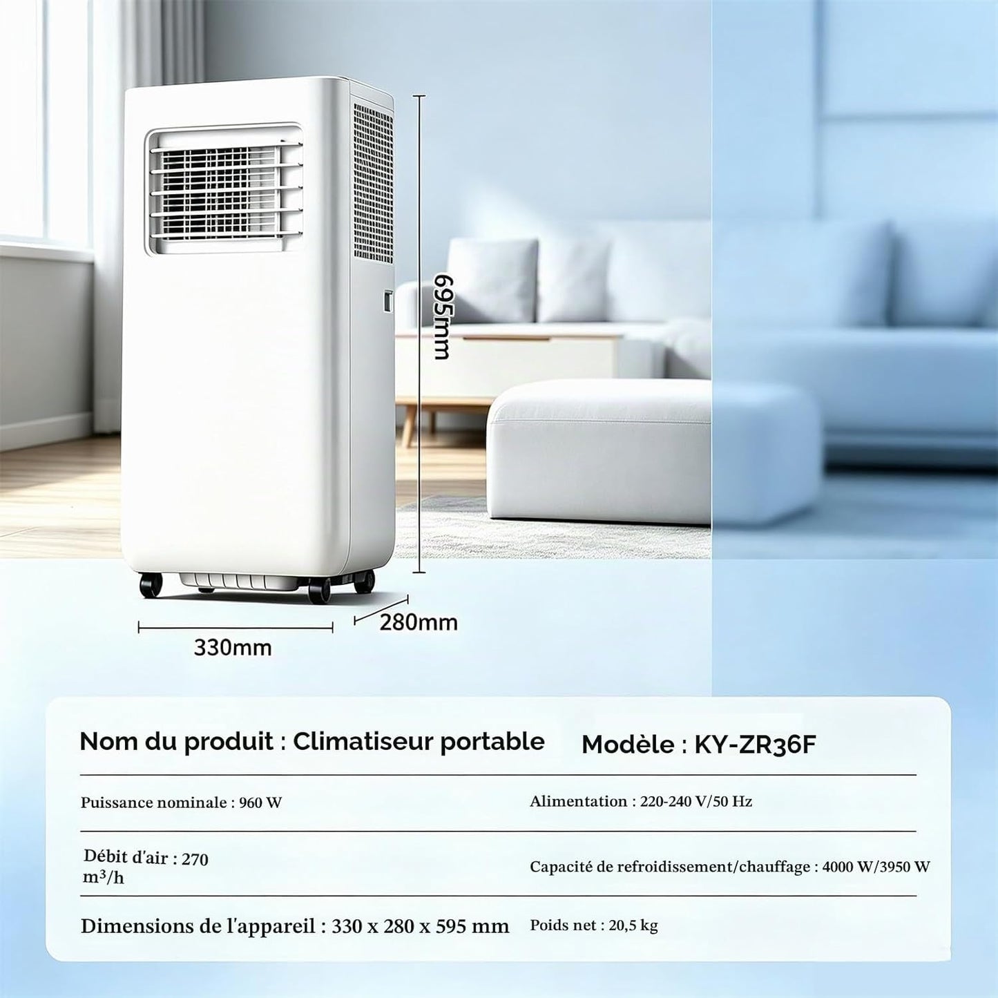Climatiseur Portable 12000BTU,Unité Puissante 4-En-1 Froid, Chaud, Déshumidification, Ventilation Avec 2 Vitesses De Ventilation,Télécommande Et Minuterie 24H,Pour Chambres Ou Bureaux Jusqu'à 25M²