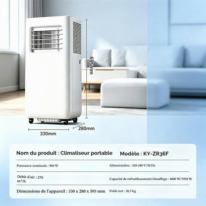 Climatiseur Portable 12000BTU,Unité Puissante 4-En-1 Froid, Chaud, Déshumidification, Ventilation Avec 2 Vitesses De Ventilation,Télécommande Et Minuterie 24H,Pour Chambres Ou Bureaux Jusqu'à 25M²