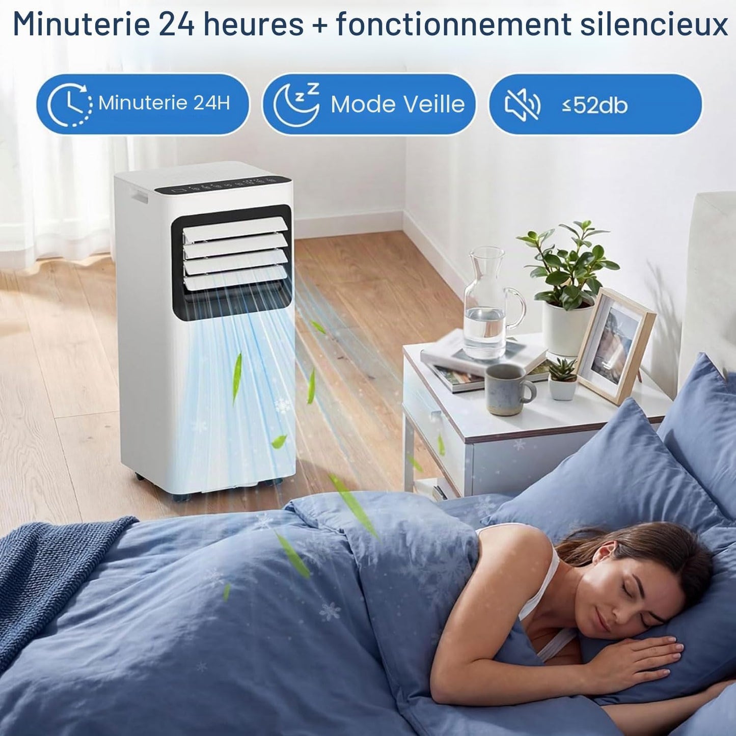 Climatiseur portable AC silencieux refroidit jusqu'à 350 m². Unité de climatisation portable avec ventilateur et déshumidificateur, télécommande, minuterie 24H, kit d'installation complet pour fenêtre