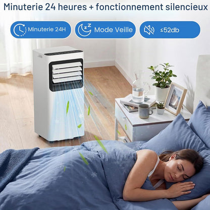 Climatiseur portable AC silencieux refroidit jusqu'à 350 m². Unité de climatisation portable avec ventilateur et déshumidificateur, télécommande, minuterie 24H, kit d'installation complet pour fenêtre