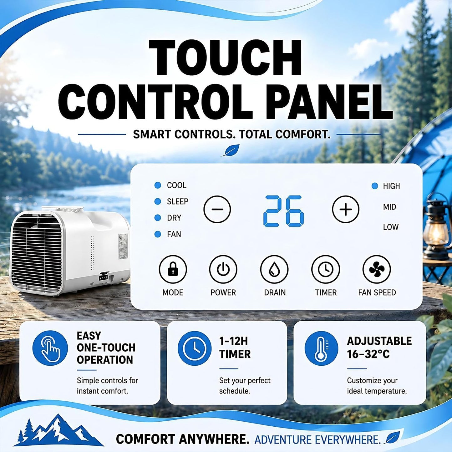 Climatiseur portable 220V à double tuyau, Refroidit vite 5100BTU | Climatiseur mobile 4-en-1 avec refroidissement, déshumidification, ventilation & modes sommeil pour camping, tentes, chambre