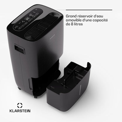 Klarstein DryFy Connect 60L Déshumidificateur, 60L/24h, Wi-Fi, Réservoir 8L, Minuterie 24h, Silencieux, Portable, Pour Salle de Bain & Pièces 45-65m², Anthracite