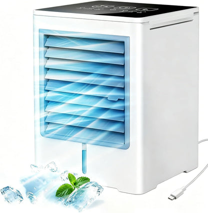 Climatiseur Mobile 3 en 1, Ventilateur avec Eau 470ml, Rafraichisseur d'Air | Alimentation USB, 3 Vitesses, Minuterie, Écran Tactile, Silencieux, sans Évacuation, pour Usage Personnel, Chambre, Bureau