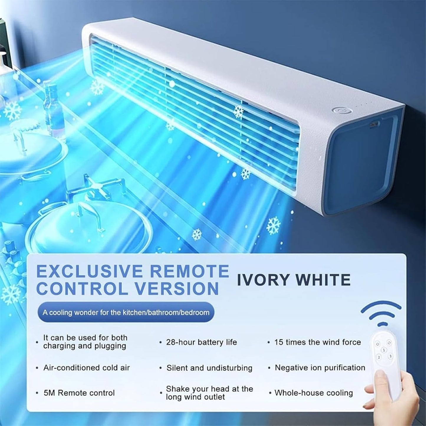 Ventilateur climatiseur mural sans fil économe en énergie - Installation sans perçage - Convient pour la chambre à coucher et la cuisine - Avec télécommande (blanc-prise)