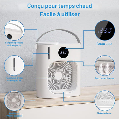 Climatiseur Mobile, GuKKK Climatiseur Portable Silencieux 900ML, 4 en 1 Refroidisseur d'Air, USB Mini Air Climatiseur Ventilateur, 3 Vitesses, 2 Modes de Brumisation, pour Chambre