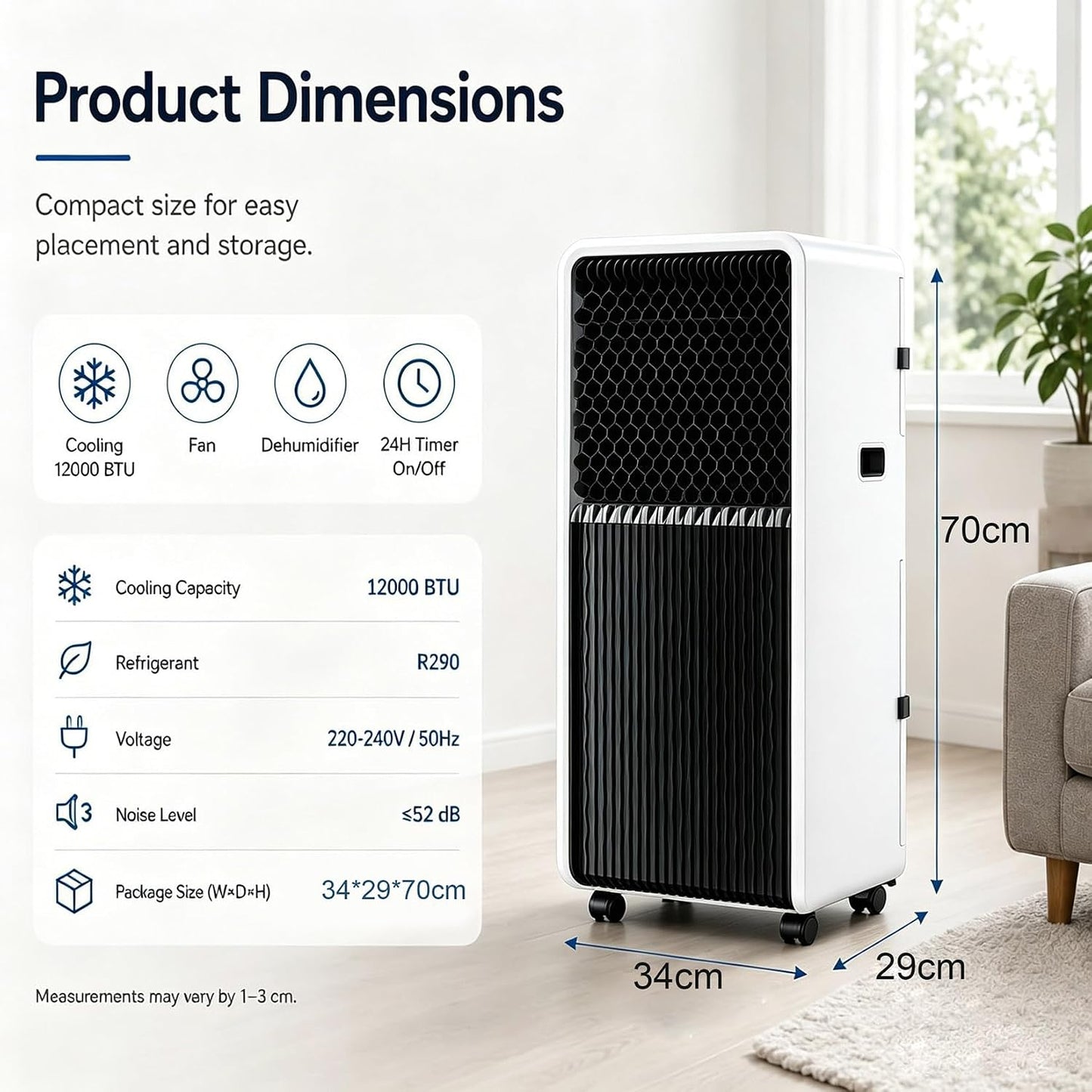 Climatiseur Portable 12000 BTU avec Télécommande Unité AC Mobile 3 en 1 pour Salon Bureau À Domicile Salle De Sport Garage Refroidissement Rapide pour Grands Espaces Jusqu'à 320 M² 12000BTU