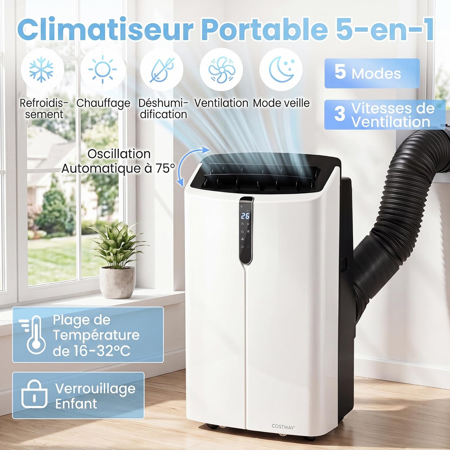 COSTWAY Climatiseur Mobile Silencieux 16000BTU, 5 EN 1,Refroidissement,Chauffage,Ventilateur,Déshumidificateur,Mode Nuit,Climatisation Rapide,Clim Mobile