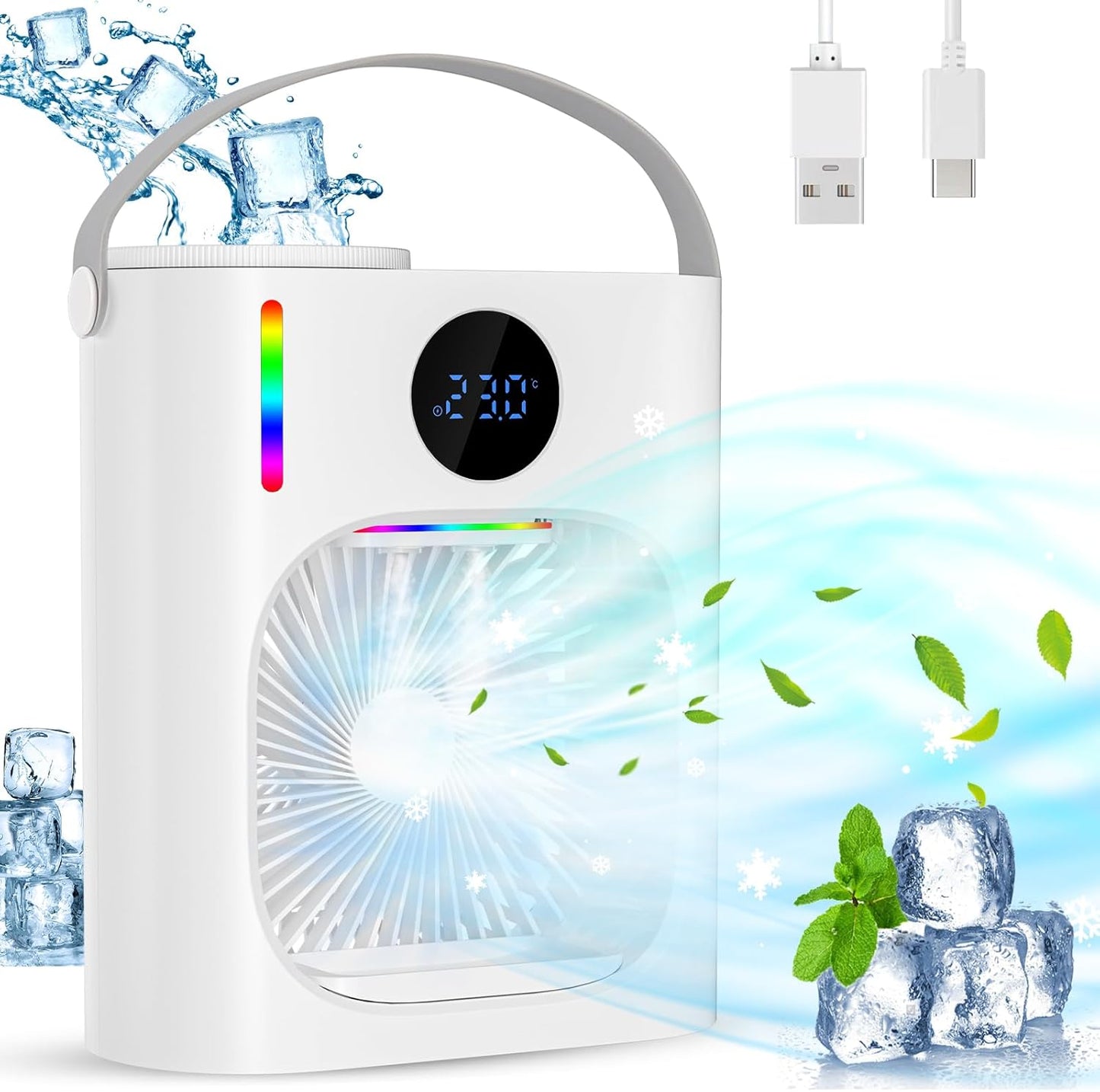 Climatiseur Mobile, GuKKK Climatiseur Portable Silencieux 900ML, 4 en 1 Refroidisseur d'Air, USB Mini Air Climatiseur Ventilateur, 3 Vitesses, 2 Modes de Brumisation, pour Chambre