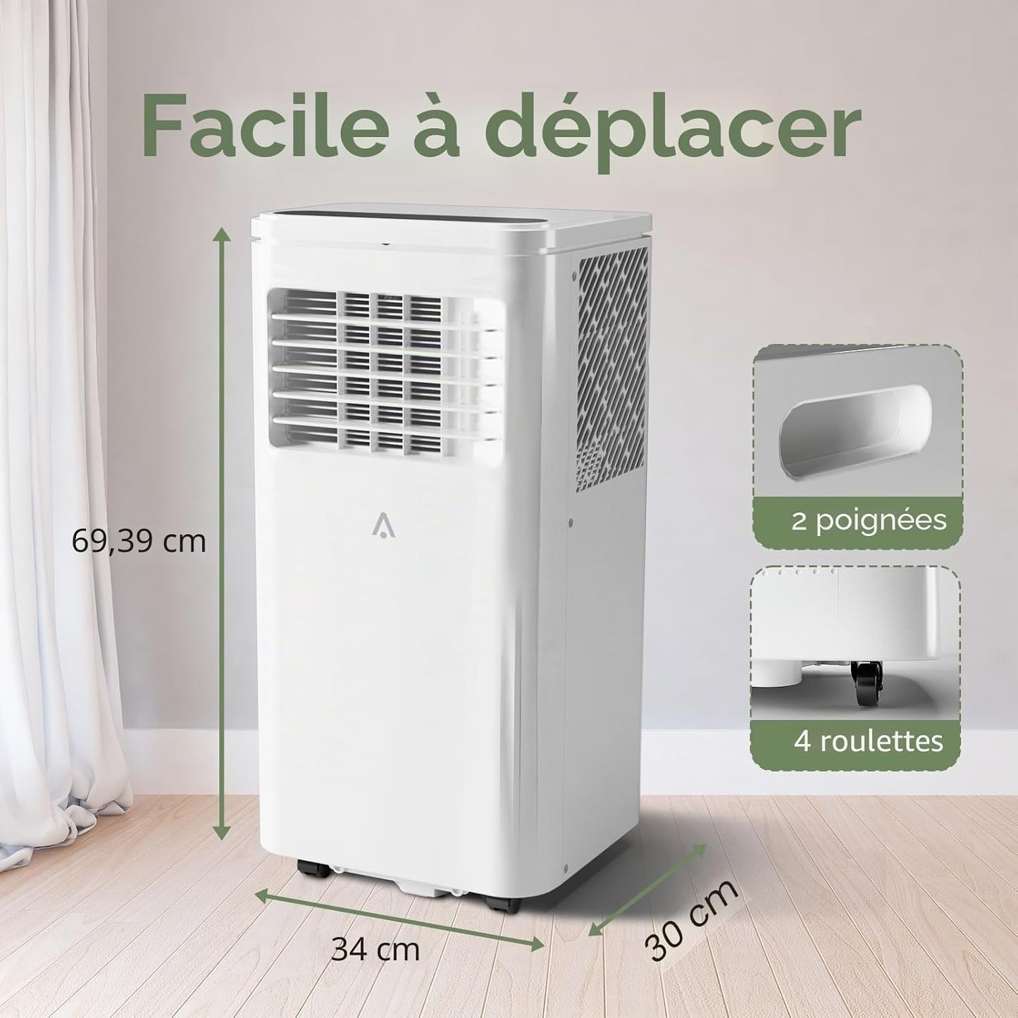 Climatiseur portable 10 000 BTU – Refroidit les pièces de 42 m², climatisation 3 en 1 avec déshumidificateur, minuterie et télécommande, comprend un kit de fenêtre