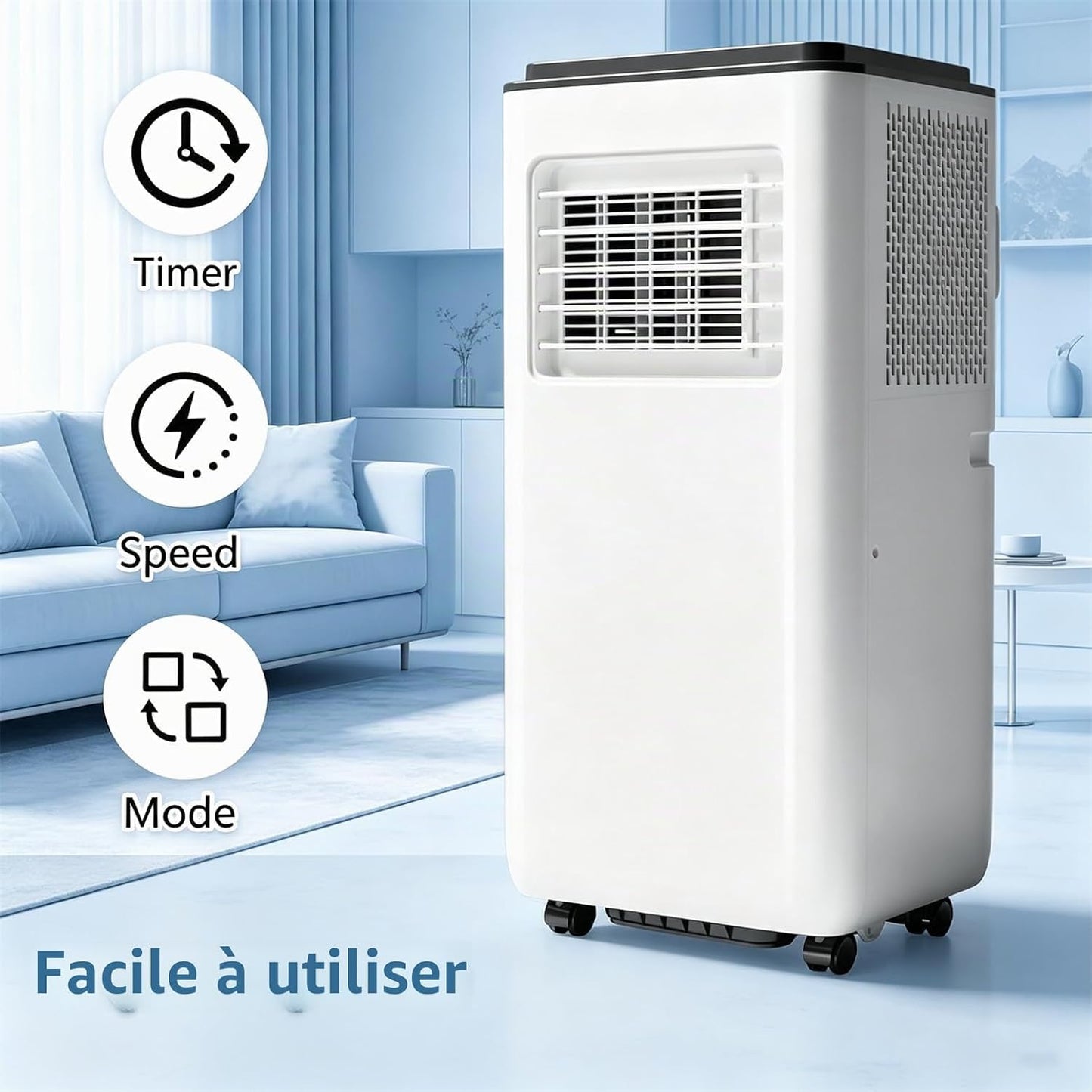 Climatiseur Portable 12000BTU,Unité Puissante 4-En-1 Froid, Chaud, Déshumidification, Ventilation Avec 2 Vitesses De Ventilation,Télécommande Et Minuterie 24H,Pour Chambres Ou Bureaux Jusqu'à 25M²
