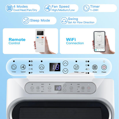 KOMFOTTEU Climatiseur Mobile Silencieux, 16000BTU, Minuterie & Télécommande | Climatiseur Mobile avec Évacuation, 4 Modes, 3 Vitesses, 5 en 1 Rafraichisseur d'Air, Pour Pièces 45-50㎡, WIFI, Contrôle APP