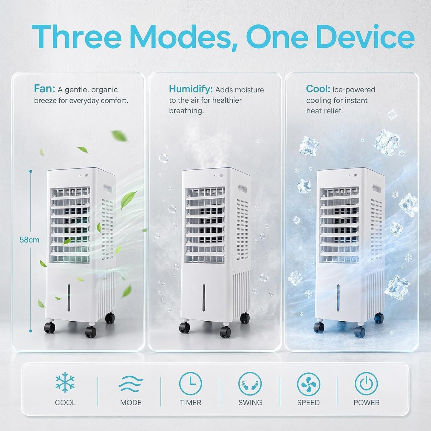 Rafraîchisseur d'air Silencieux pour Chambre, Climatiseur Mobile 4-en-1, Réservoir 12L, 2 Pains de Glace, Mode Nuit, Humidificateur d'air, Ventilateur Colonne avec Refroidissement