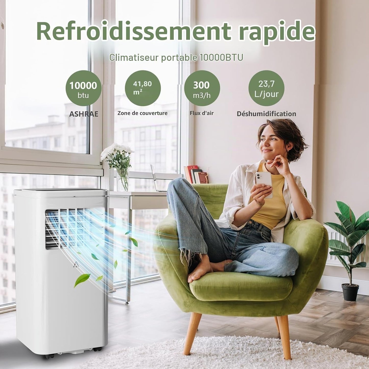Climatiseur portable 10 000 BTU – Refroidit les pièces de 42 m², climatisation 3 en 1 avec déshumidificateur, minuterie et télécommande, comprend un kit de fenêtre