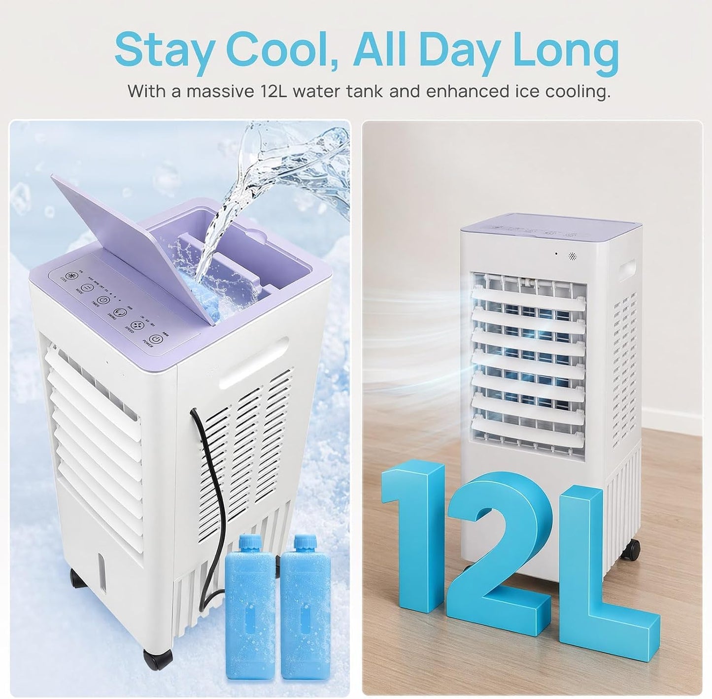 Rafraîchisseur d'air Silencieux pour Chambre, Climatiseur Mobile 4-en-1, Réservoir 12L, 2 Pains de Glace, Mode Nuit, Humidificateur d'air, Ventilateur Colonne avec Refroidissement