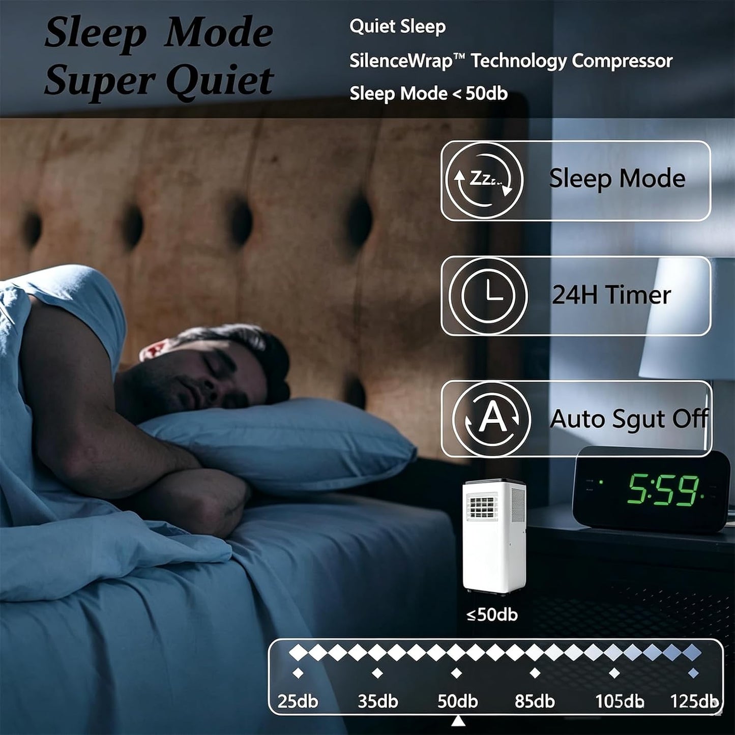 Climatiseur Portable 12000BTU,Unité Puissante 4-En-1 Froid, Chaud, Déshumidification, Ventilation Avec 2 Vitesses De Ventilation,Télécommande Et Minuterie 24H,Pour Chambres Ou Bureaux Jusqu'à 25M²