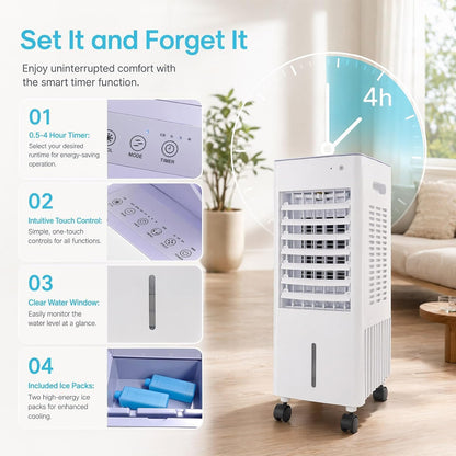 Rafraîchisseur d'air Silencieux pour Chambre, Climatiseur Mobile 4-en-1, Réservoir 12L, 2 Pains de Glace, Mode Nuit, Humidificateur d'air, Ventilateur Colonne avec Refroidissement