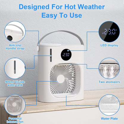 Climatiseur Mobile, GuKKK Climatiseur Portable Silencieux 900ML, 4 en 1 Refroidisseur d'Air, USB Mini Air Climatiseur Ventilateur, 3 Vitesses, 2 Modes de Brumisation, pour Chambre