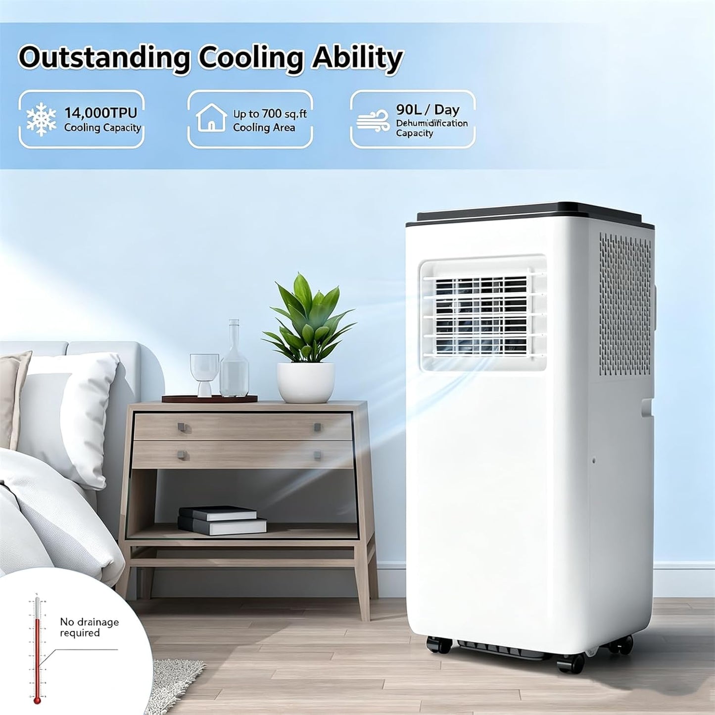 Climatiseur Portable 12000BTU,Unité Puissante 4-En-1 Froid, Chaud, Déshumidification, Ventilation Avec 2 Vitesses De Ventilation,Télécommande Et Minuterie 24H,Pour Chambres Ou Bureaux Jusqu'à 25M²