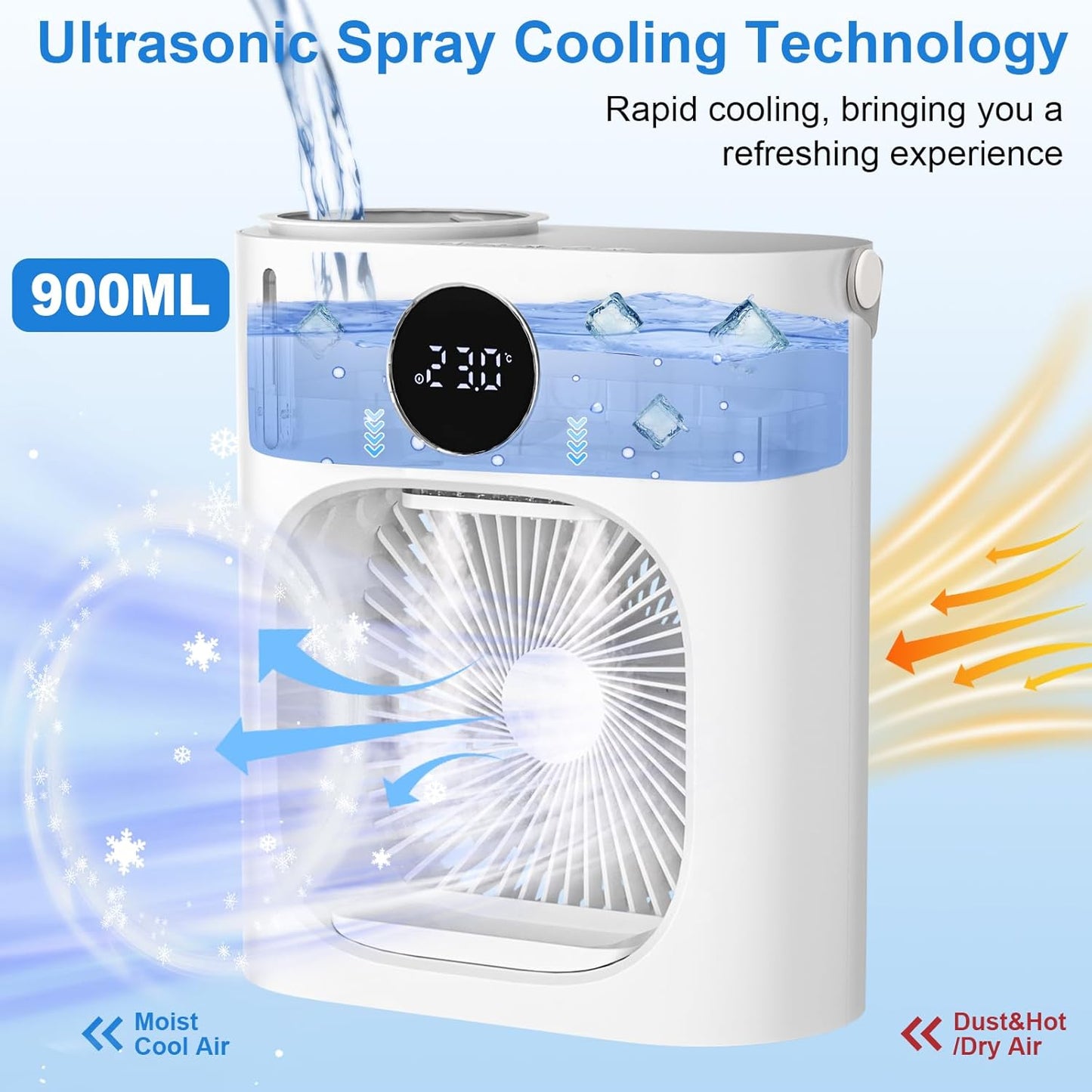 Climatiseur Mobile, GuKKK Climatiseur Portable Silencieux 900ML, 4 en 1 Refroidisseur d'Air, USB Mini Air Climatiseur Ventilateur, 3 Vitesses, 2 Modes de Brumisation, pour Chambre
