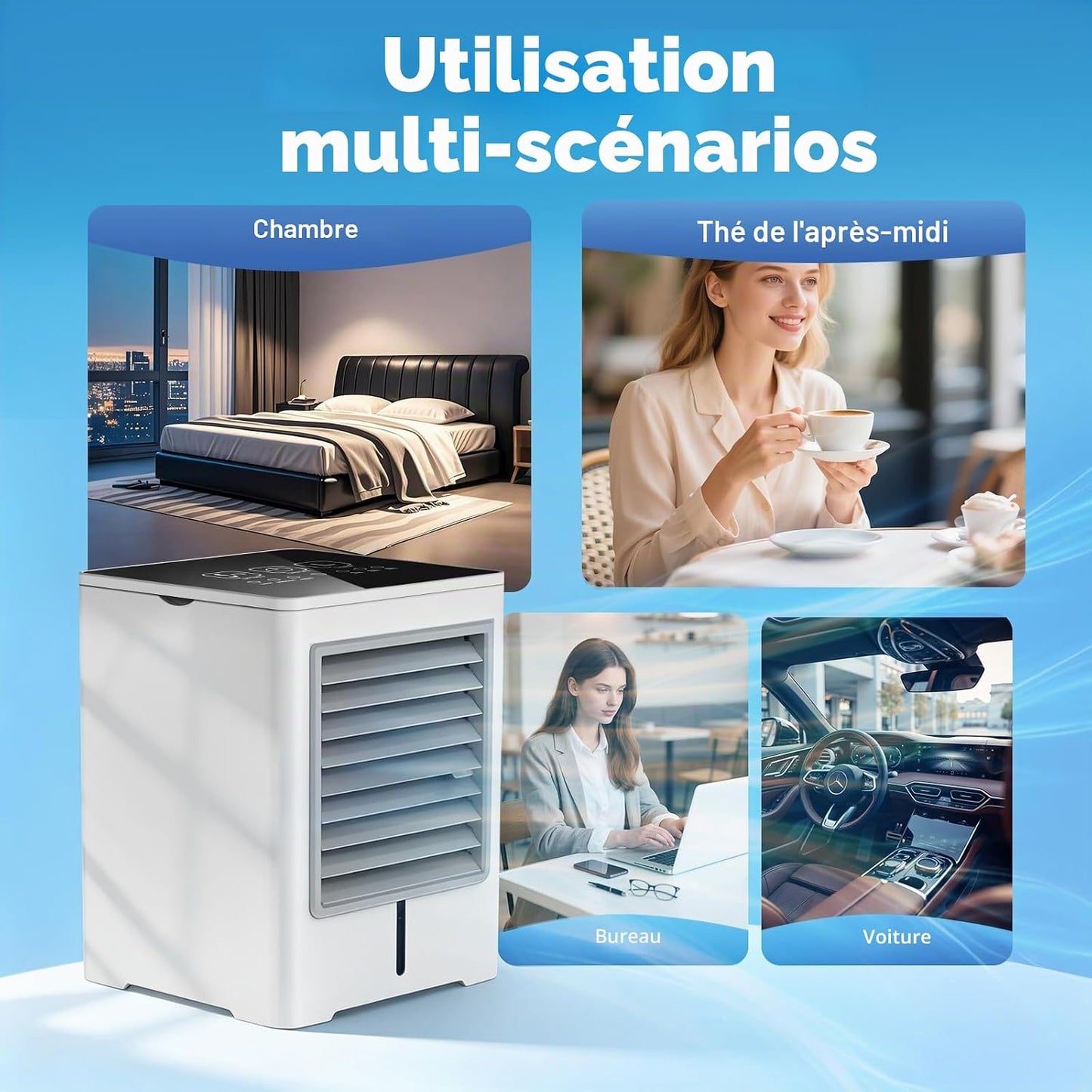 Climatiseur Mobile 3 en 1, Ventilateur avec Eau 470ml, Rafraichisseur d'Air | Alimentation USB, 3 Vitesses, Minuterie, Écran Tactile, Silencieux, sans Évacuation, pour Usage Personnel, Chambre, Bureau