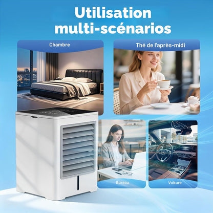Climatiseur Mobile 3 en 1, Ventilateur avec Eau 470ml, Rafraichisseur d'Air | Alimentation USB, 3 Vitesses, Minuterie, Écran Tactile, Silencieux, sans Évacuation, pour Usage Personnel, Chambre, Bureau