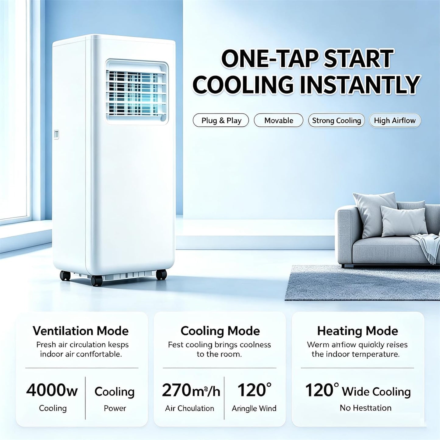Climatiseur Portable 12000BTU,Unité Puissante 4-En-1 Froid, Chaud, Déshumidification, Ventilation Avec 2 Vitesses De Ventilation,Télécommande Et Minuterie 24H,Pour Chambres Ou Bureaux Jusqu'à 25M²