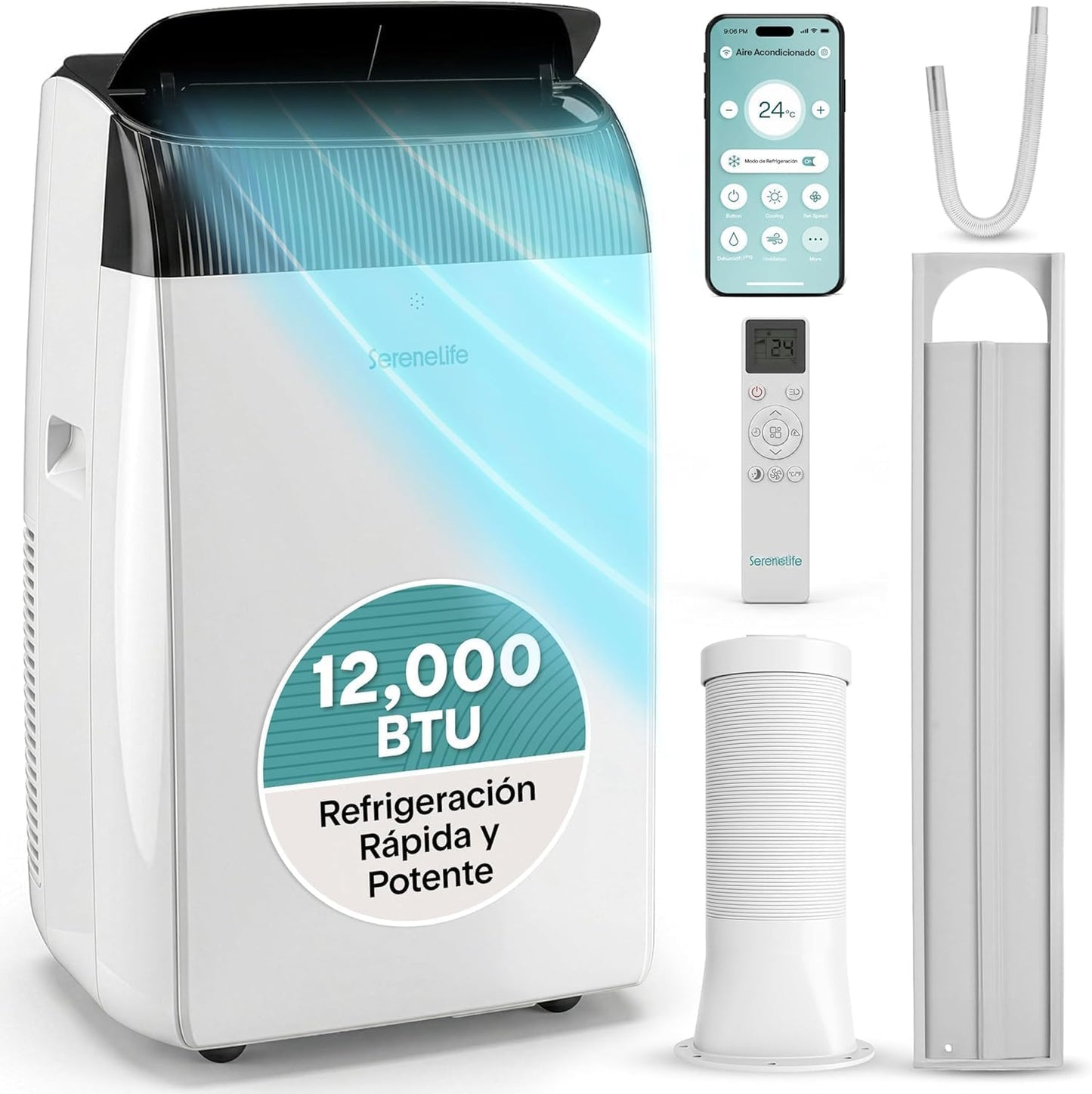 SereneLife Climatiseur portable 14 000 BTU avec WiFi, climatiseur 3 en 1 froid, déshumidificateur et ventilateur, contrôle par application, silencieux avec kit de fenêtre