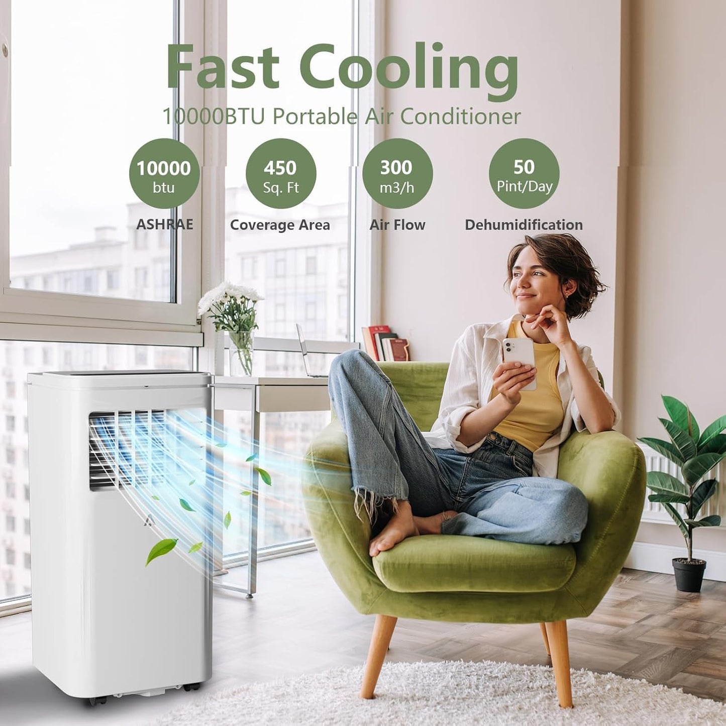 Climatiseur portable 10 000 BTU – Refroidit les pièces de 41,8 m² (450 pi²), climatisation 3 en 1 avec déshumidificateur, minuterie et télécommande, comprend un kit de fenêtre