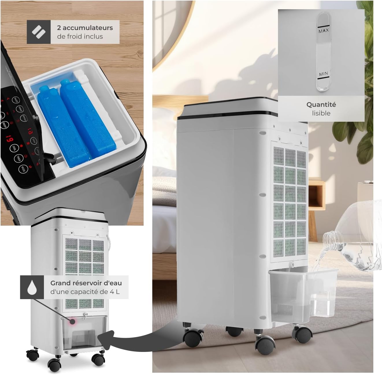 tectake® Rafraichisseur d'air Mobile sans évacuation 3 en 1 Ventilateur et Humidificateur 3 Programmes avec Télécommande Éclairage LED Ventilateur portable Ventilateurs pour Chambre Salon Bureau