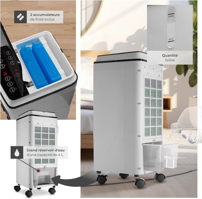 tectake® Rafraichisseur d'air Mobile sans évacuation 3 en 1 Ventilateur et Humidificateur 3 Programmes avec Télécommande Éclairage LED Ventilateur portable Ventilateurs pour Chambre Salon Bureau