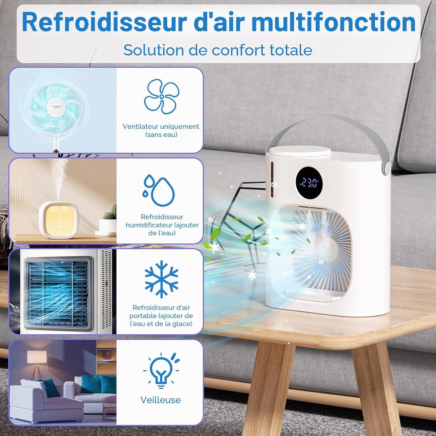 Climatiseur Mobile, GuKKK Climatiseur Portable Silencieux 900ML, 4 en 1 Refroidisseur d'Air, USB Mini Air Climatiseur Ventilateur, 3 Vitesses, 2 Modes de Brumisation, pour Chambre