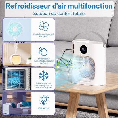 Climatiseur Mobile, GuKKK Climatiseur Portable Silencieux 900ML, 4 en 1 Refroidisseur d'Air, USB Mini Air Climatiseur Ventilateur, 3 Vitesses, 2 Modes de Brumisation, pour Chambre