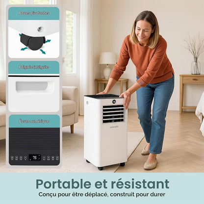 SereneLife Climatiseur Mobile 7000 BTU avec Chauffage, Jusqu'à 31 m² – Silencieux 55 dB, Déshumidificateur, Ventilateur, Télécommande et Écran LED