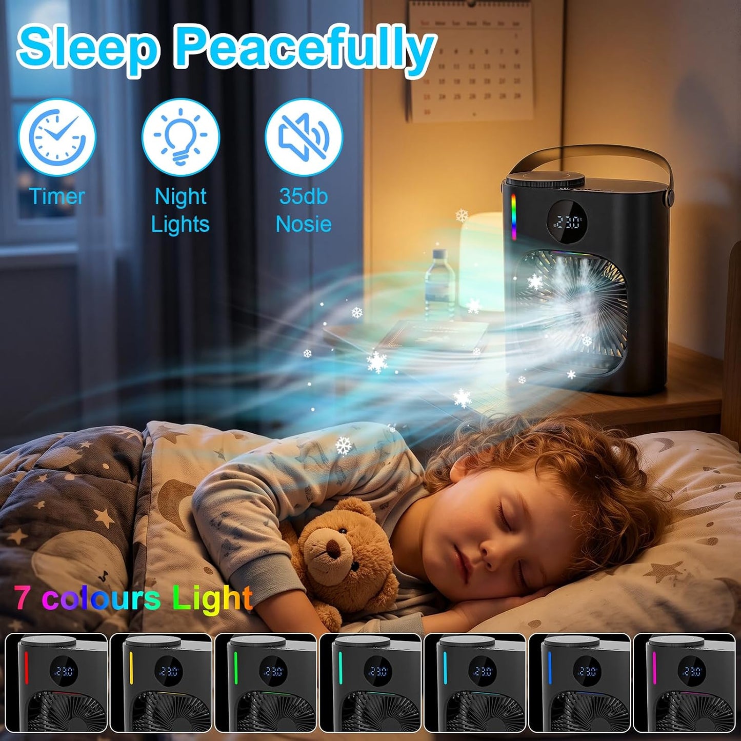 Climatiseur Mobile, GuKKK Climatiseur Portable Silencieux 900ML, 4 en 1 Refroidisseur d'Air, USB Mini Air Climatiseur Ventilateur, 3 Vitesses, 2 Modes de Brumisation, pour Chambre