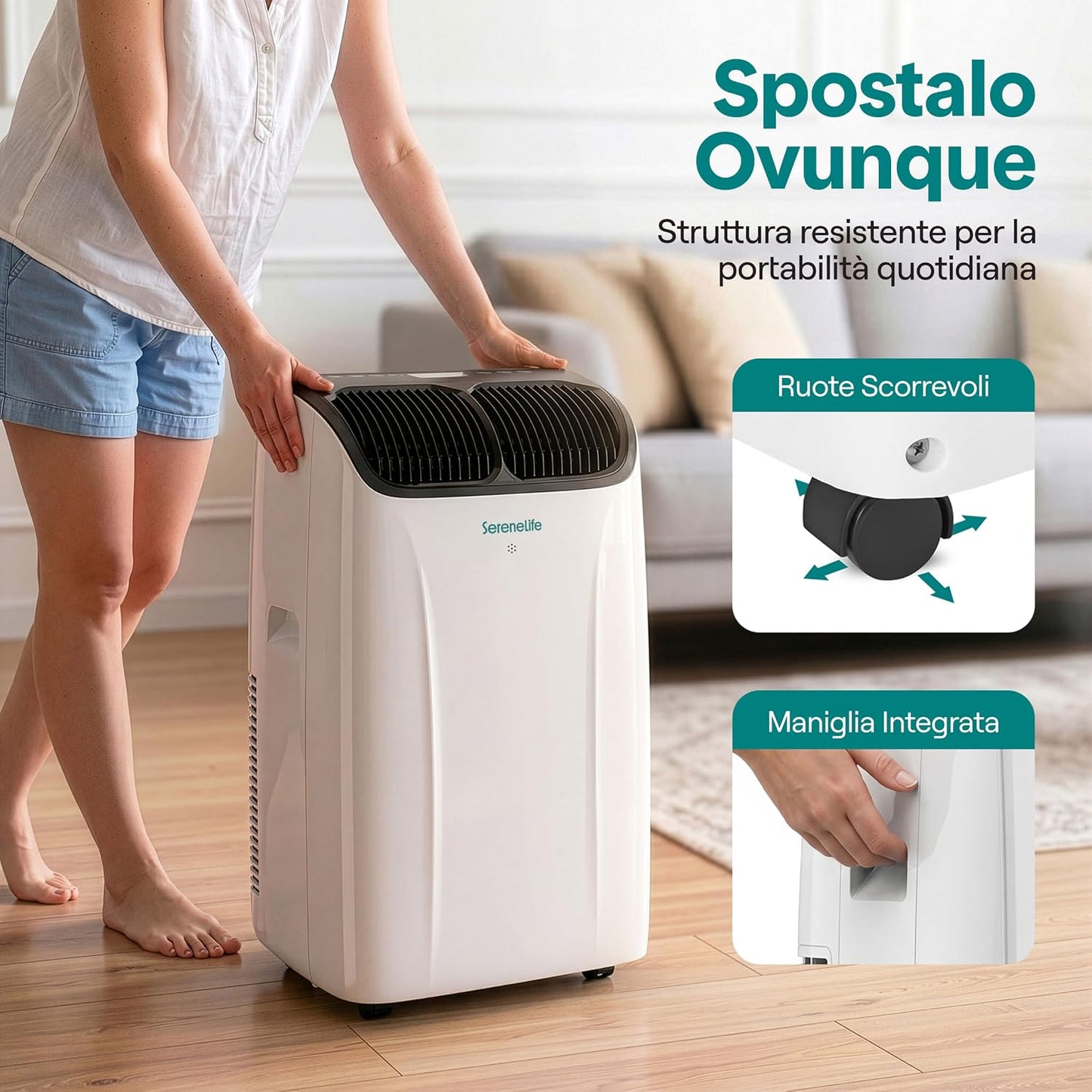 SereneLife Climatiseur Portable 12 000 BTU – Clim Mobile 3 en 1 Silencieuse avec WiFi, Déshumidificateur, Ventilation, Rafraîchisseur d’Air, Kit Fenêtre, Télécommande, Contrôle APP, Minuterie 24 h