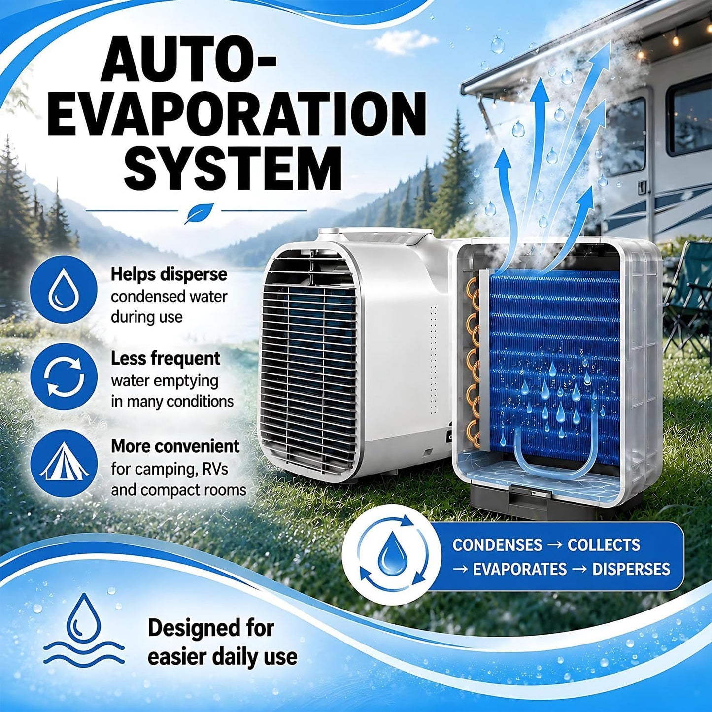 Climatiseur portable 220V à double tuyau, Refroidit vite 5100BTU | Climatiseur mobile 4-en-1 avec refroidissement, déshumidification, ventilation & modes sommeil pour camping, tentes, chambre