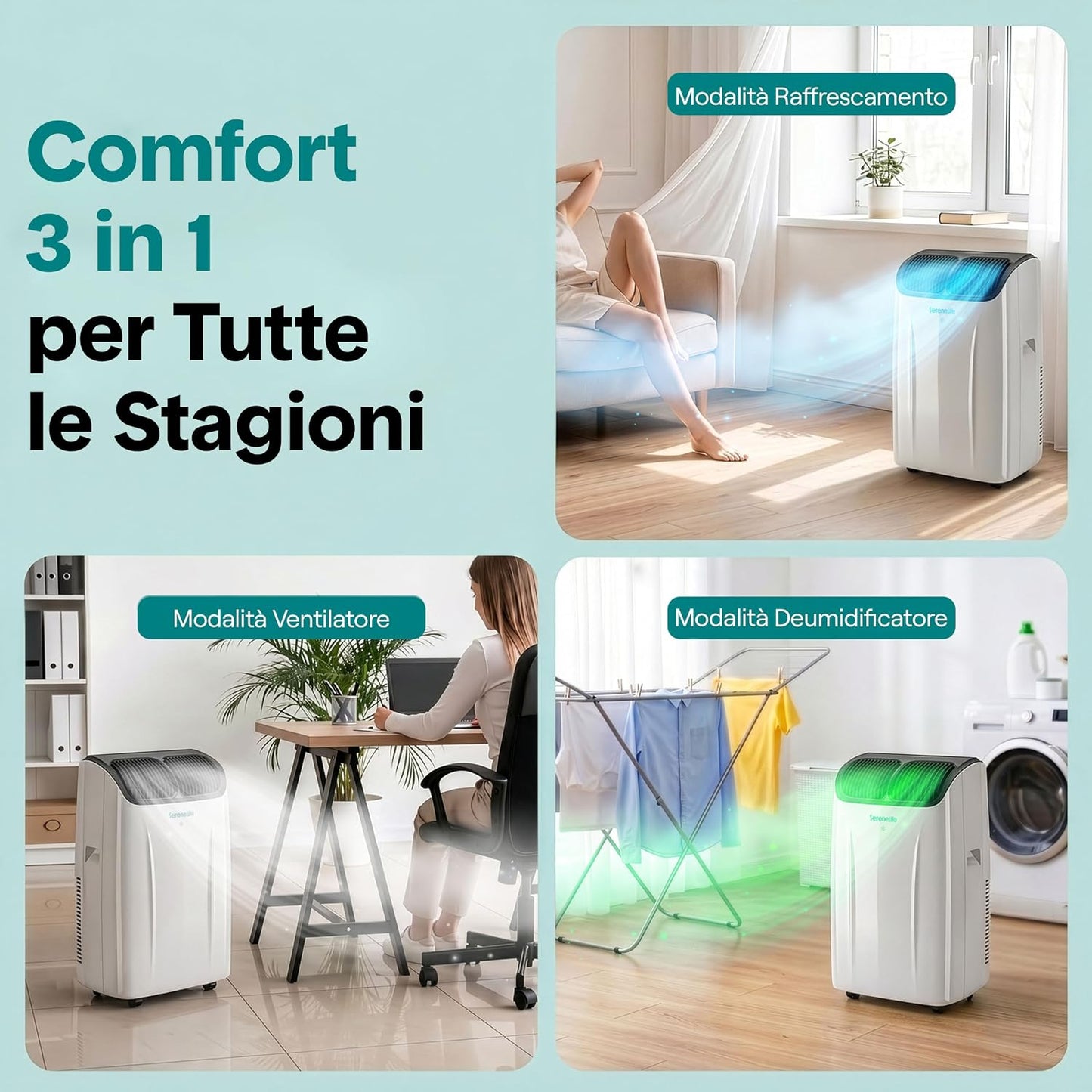 SereneLife Climatiseur Portable 12 000 BTU – Clim Mobile 3 en 1 Silencieuse avec WiFi, Déshumidificateur, Ventilation, Rafraîchisseur d’Air, Kit Fenêtre, Télécommande, Contrôle APP, Minuterie 24 h