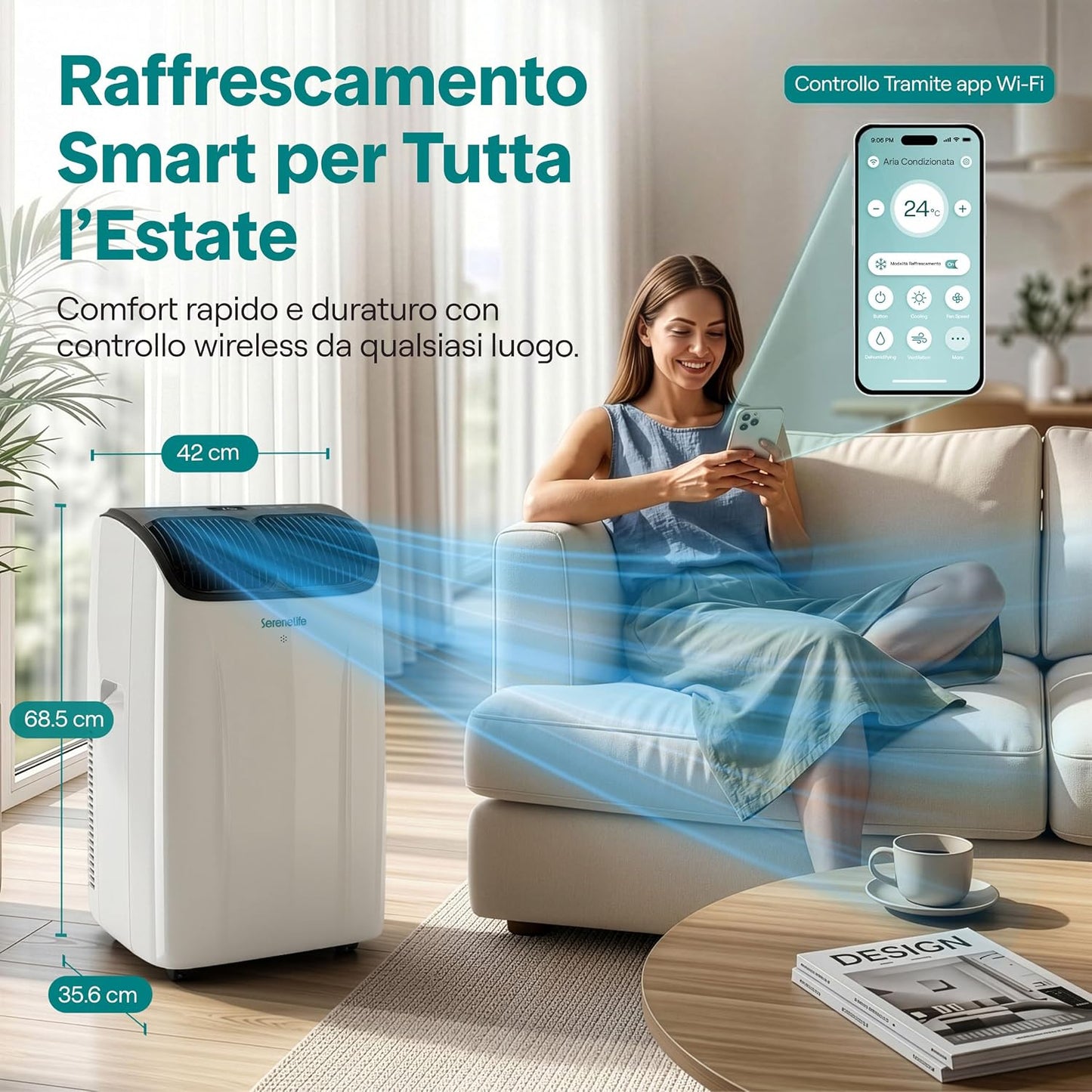 SereneLife Climatiseur Portable 12 000 BTU – Clim Mobile 3 en 1 Silencieuse avec WiFi, Déshumidificateur, Ventilation, Rafraîchisseur d’Air, Kit Fenêtre, Télécommande, Contrôle APP, Minuterie 24 h