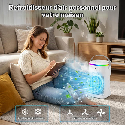 Climatiseur Mobile, Mini Rafraîchisseur d’Air Silencieux avec Télécommande, Ventilateur Brumisateur USB, 3 Vitesses, 2 Modes Brume, Minuteur 1H/2H/4H, LED 7 Couleurs, pour Chambre Bureau