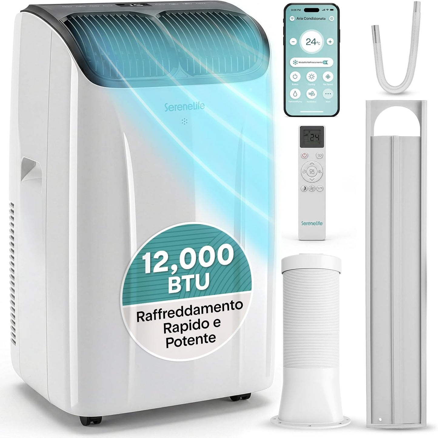 SereneLife Climatiseur Portable 12 000 BTU – Clim Mobile 3 en 1 Silencieuse avec WiFi, Déshumidificateur, Ventilation, Rafraîchisseur d’Air, Kit Fenêtre, Télécommande, Contrôle APP, Minuterie 24 h