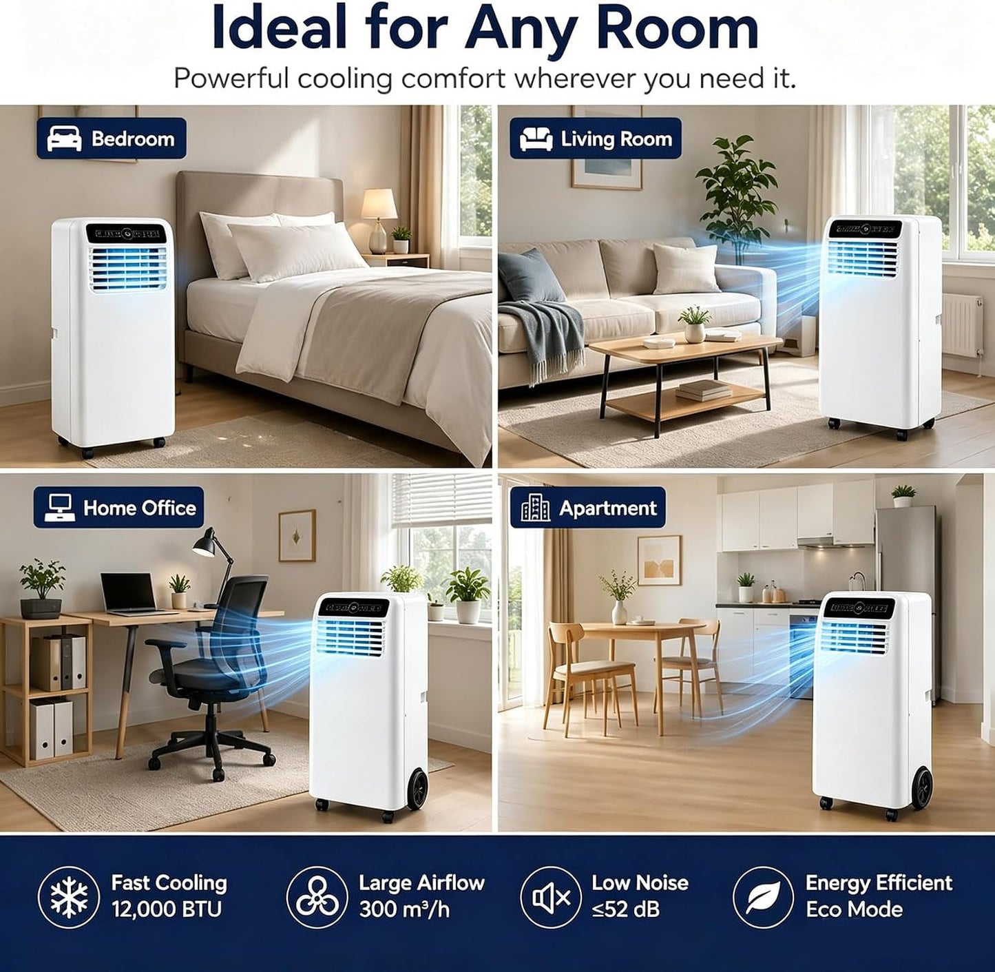 Climatiseur Portable 12000 BTU avec Télécommande Unité AC Mobile 3 en 1 pour Salon Bureau À Domicile Salle De Sport Garage Refroidissement Rapide pour Grands Espaces Jusqu'à 320 M² 12000BTU