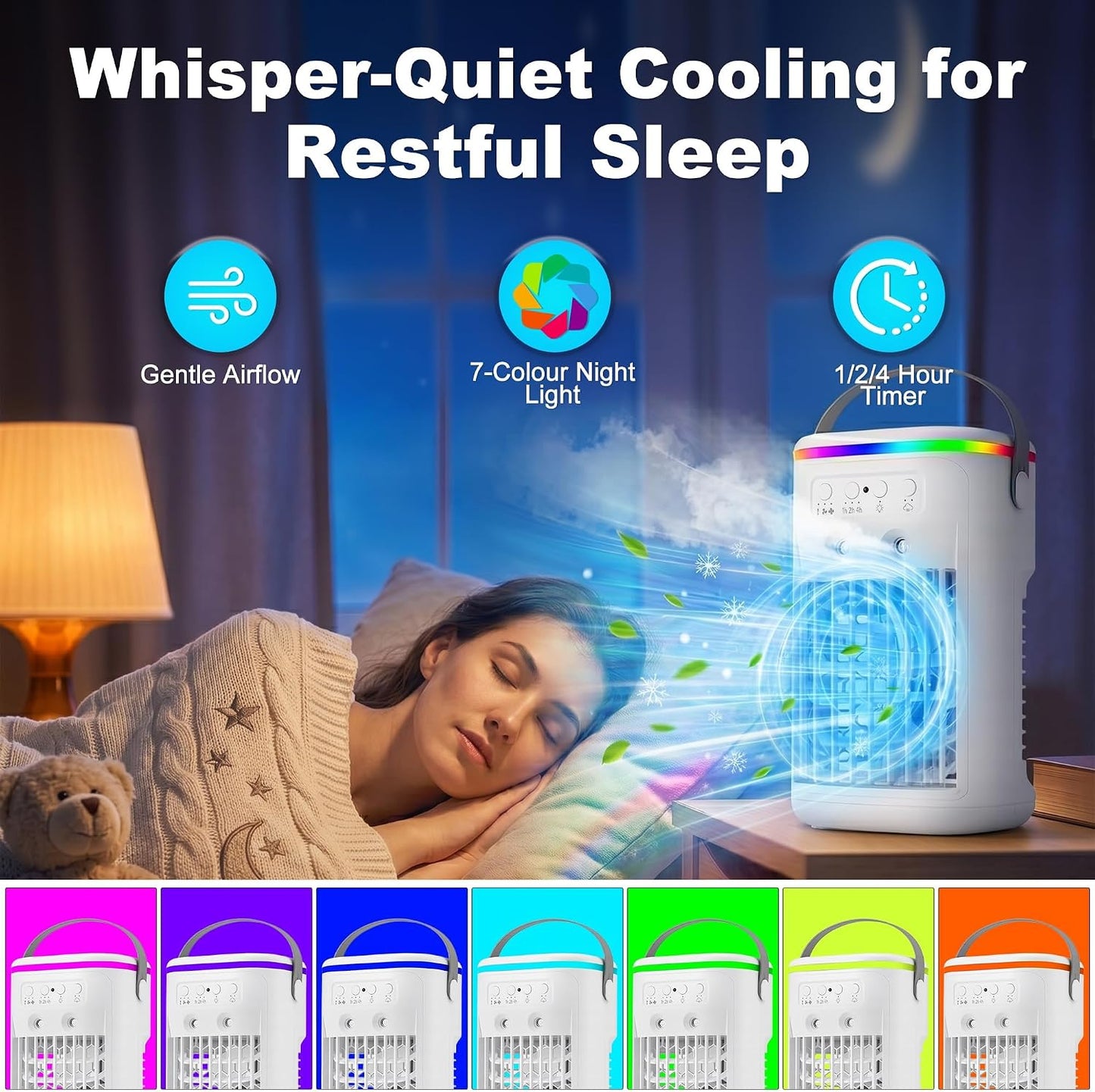 Climatiseur Mobile, Mini Rafraîchisseur d’Air Silencieux avec Télécommande, Ventilateur Brumisateur USB, 3 Vitesses, 2 Modes Brume, Minuteur 1H/2H/4H, LED 7 Couleurs, pour Chambre Bureau